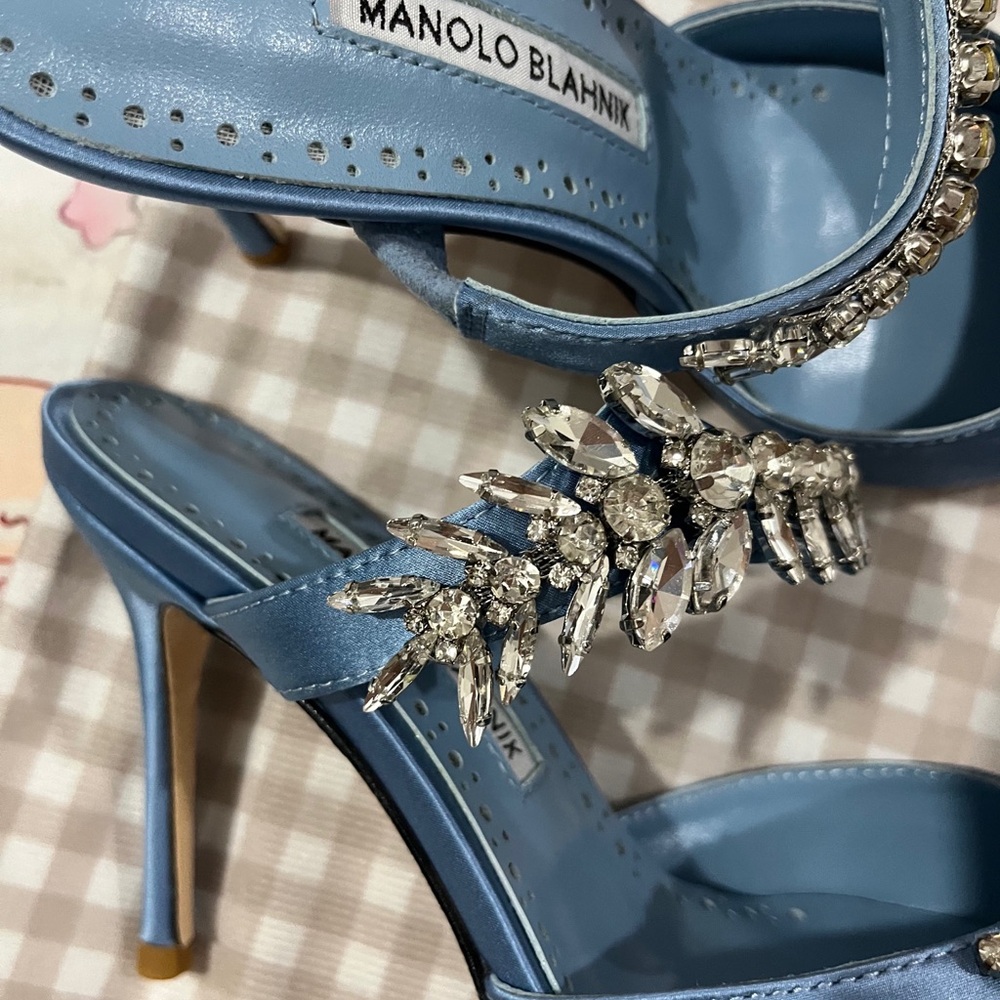 Manolo Blahnik Blue Satin Crystal-Embellished Pointed Toe Mules - Picture 5 of 8